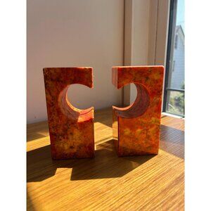 Orange stone marble vintage bookends - chipped